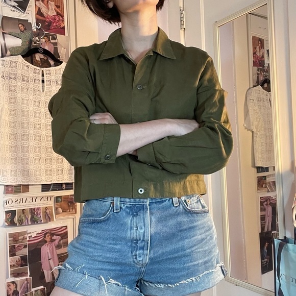 Eileen Fisher Button Front Shirt Crop Green Size SP - Picture 3 of 10